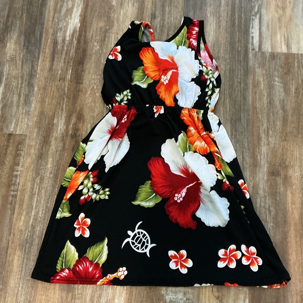 Tropical Floral Kids Dress in Black with Red and White
